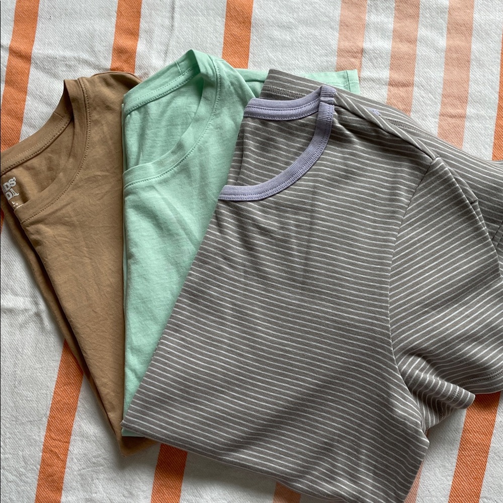 Lands’ End Striped Gray/Purple Tee + Mint & Tan Cotton Tees - 3 Pack